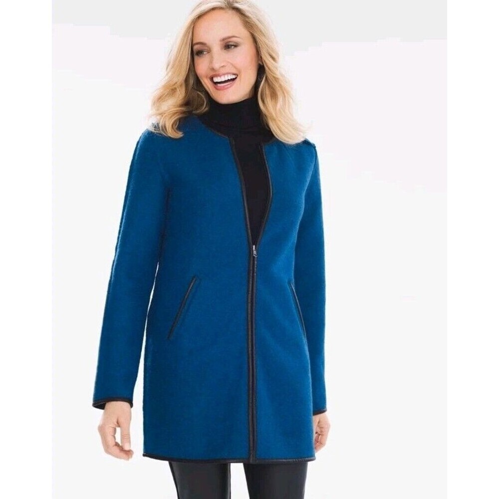 Chico's Coat Womens Boiled Wool Faux Leather Trim Blue Small